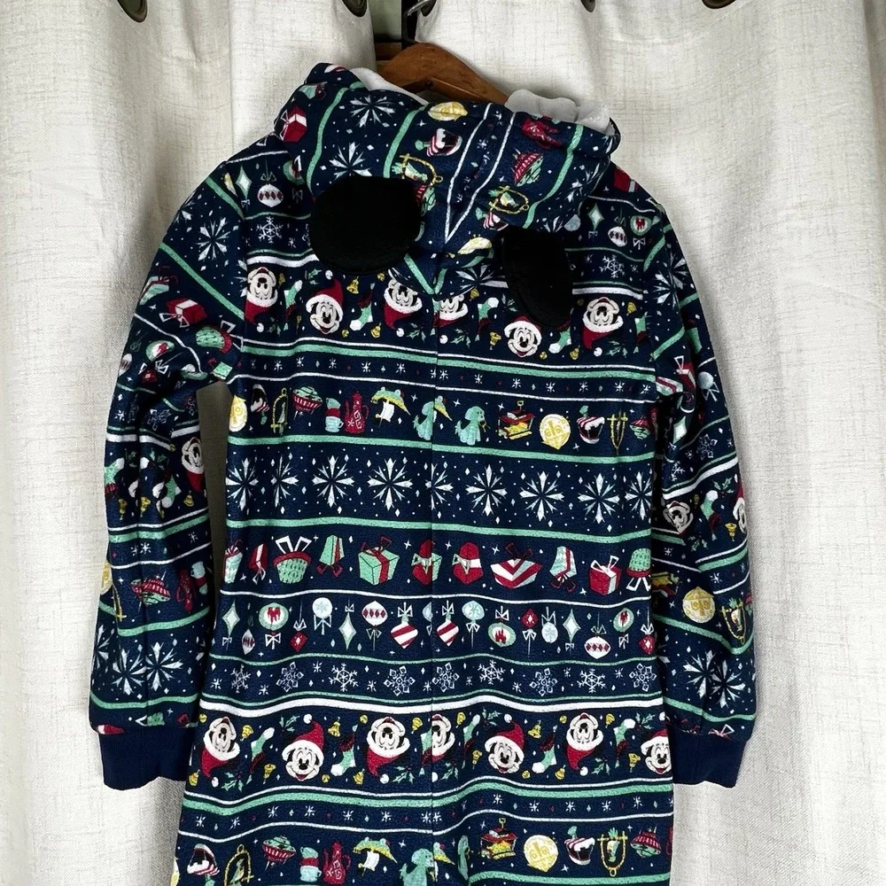 Disney‎ Parks Mickey Mouse Christmas One Piece Zip Pajamas Hood Ears Youth Large